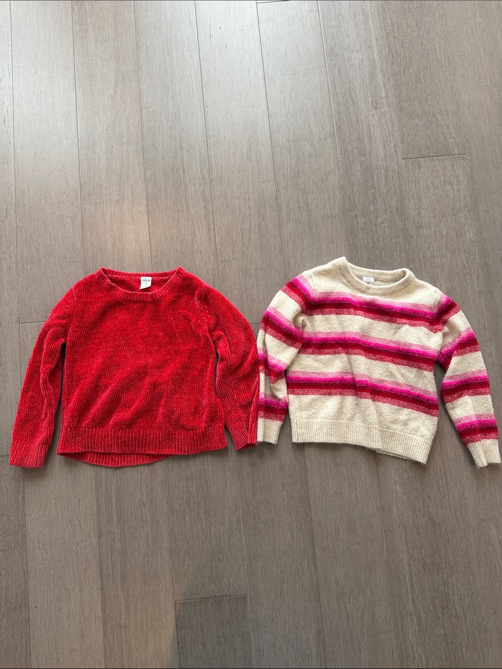 Kid’s cozy red Chenille Harper’s Canyon and Gap striped sweaters- size 4/5